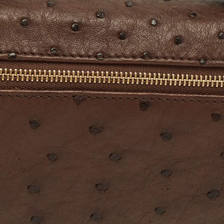 Pre Owned Loro Piana L19 Brown Ostrich Zip Pouch
