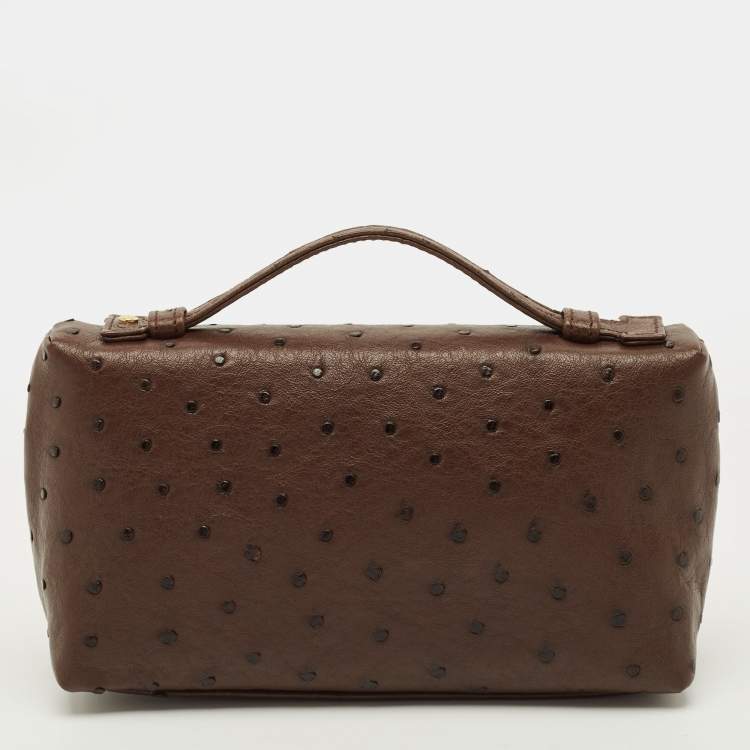 Pre Owned Loro Piana L19 Brown Ostrich Zip Pouch