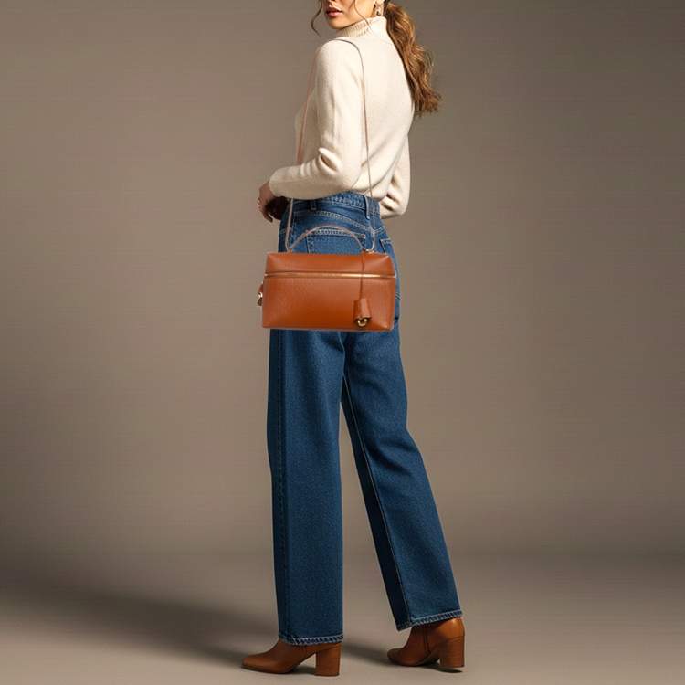 Pre Owned Loro Piana Extra Bag L27 Tan Zibeline Leather Shoulder Bag