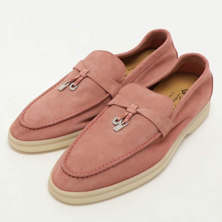 Pre Owned Loro Piana Pink Suede Summer Charms Walk Slip On Loafers Size 38