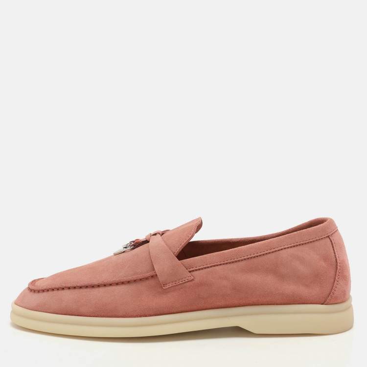 Pre Owned Loro Piana Pink Suede Summer Charms Walk Slip On Loafers Size 38
