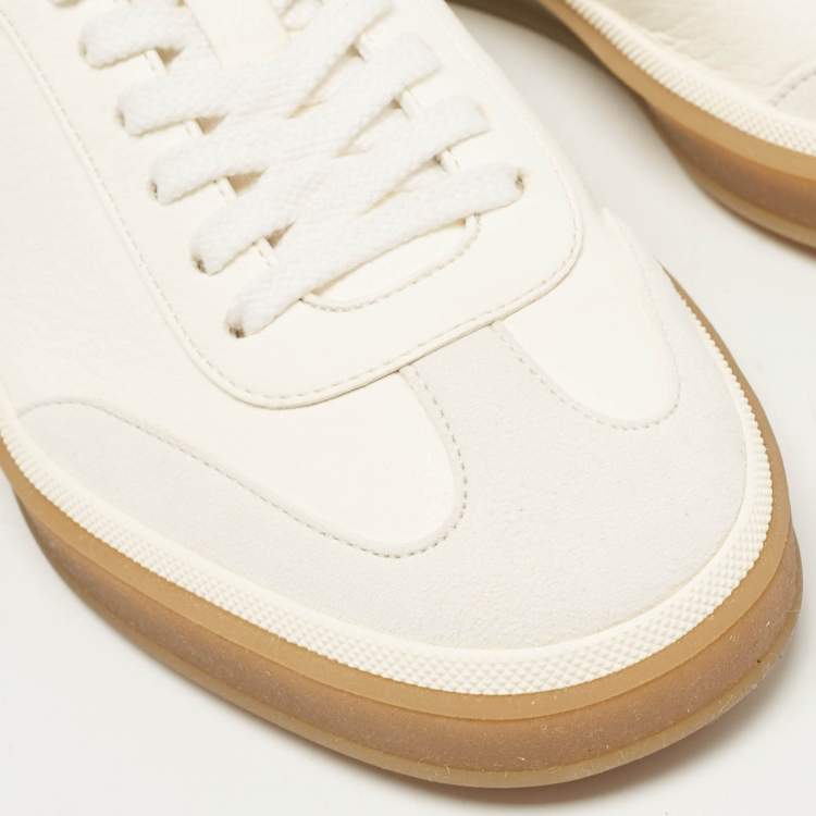 Pre Owned Loro Piana White Leather and Nubuck Leather Tennis Walk Sneakers Size 37.5