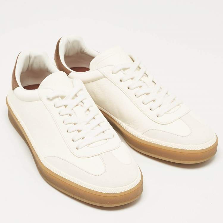 Pre Owned Loro Piana White Leather and Nubuck Leather Tennis Walk Sneakers Size 37.5