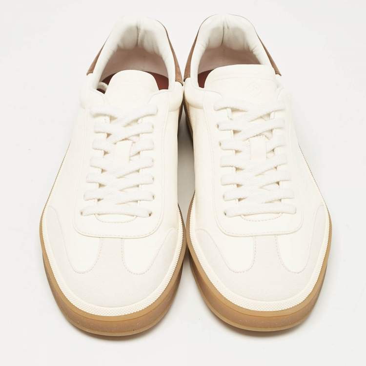 Pre Owned Loro Piana White Leather and Nubuck Leather Tennis Walk Sneakers Size 37.5