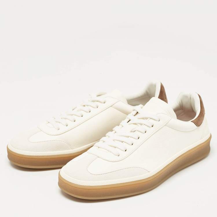 Pre Owned Loro Piana White Leather and Nubuck Leather Tennis Walk Sneakers Size 37.5