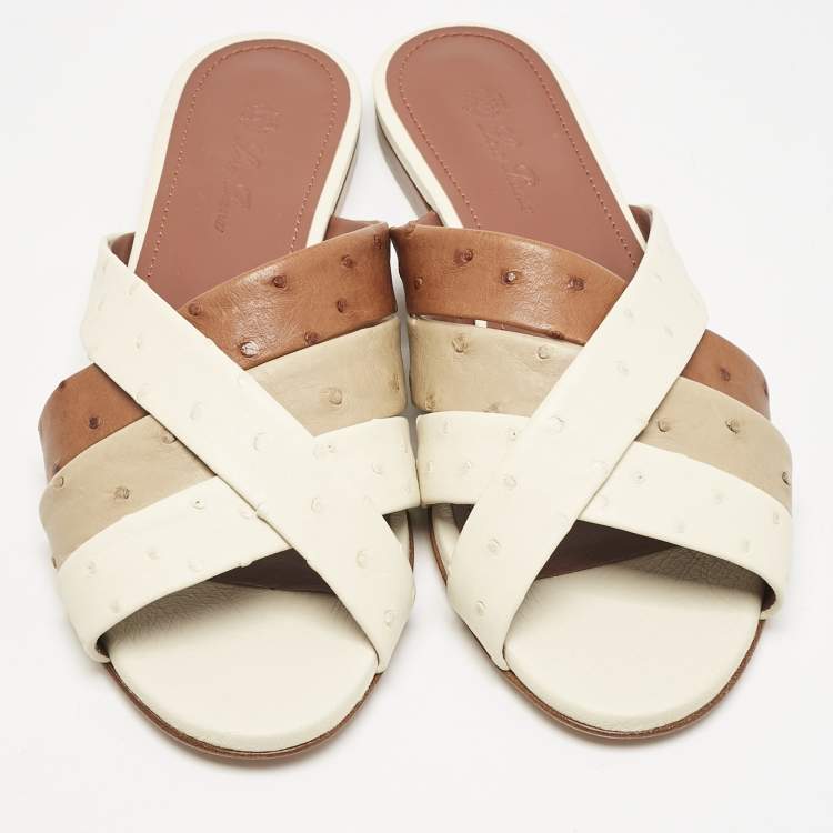 Pre Owned Loro Piana Multicolor Ostrich Aida Flat Slides Size 38