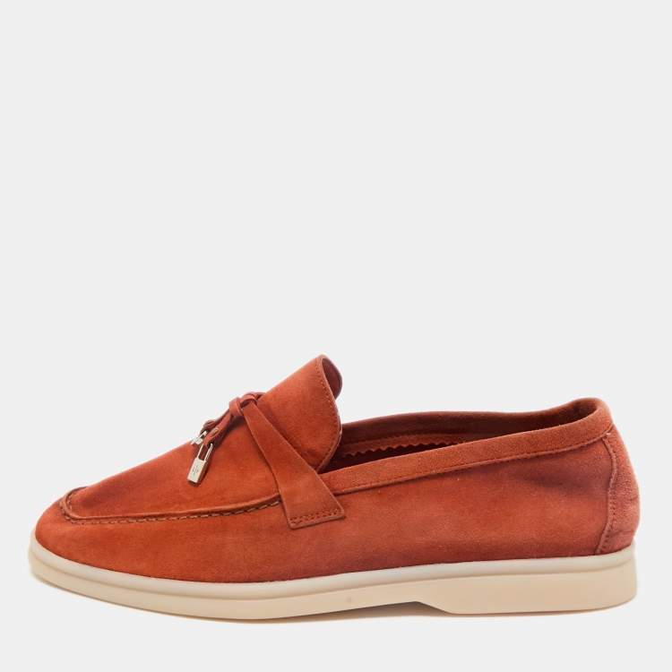 مملوكة مسبقًا Loro Piana Orange Suede Summer Charms Walk Loafers Size 37.5