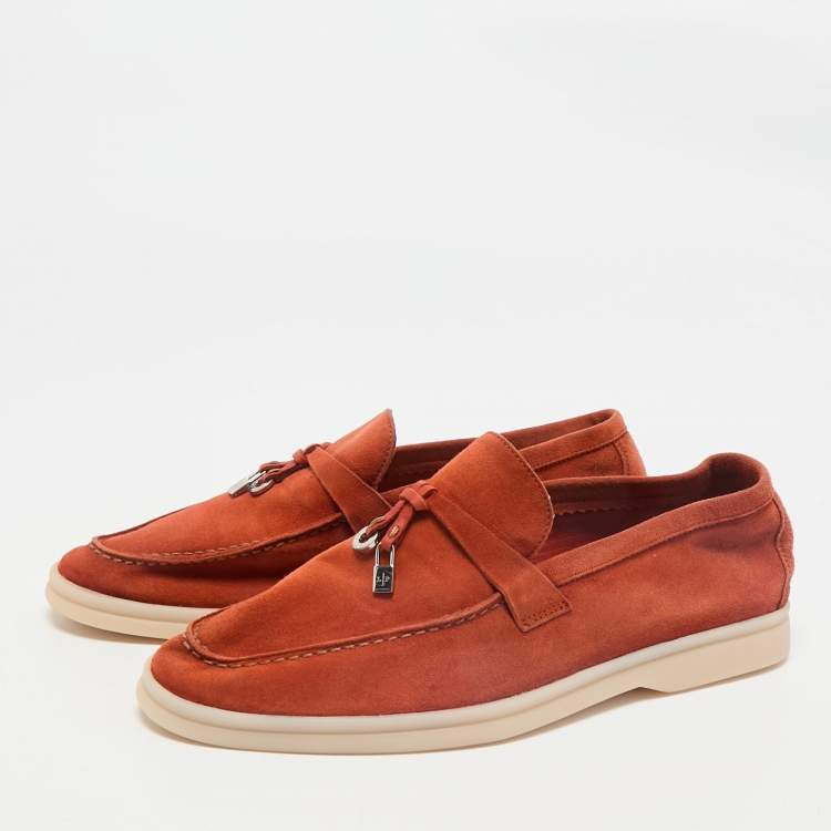 مملوكة مسبقًا Loro Piana Orange Suede Summer Charms Walk Loafers Size 37.5