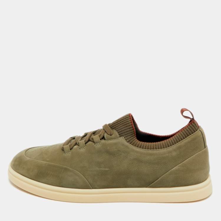 Pre Owned Loro Piana Green Nubuck Leather Soho Walk Lace Up Sneakers Size 41.5