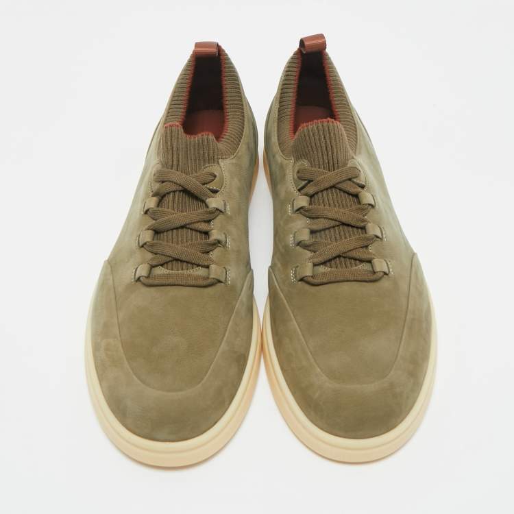 Pre Owned Loro Piana Green Nubuck Leather Soho Walk Lace Up Sneakers Size 41.5