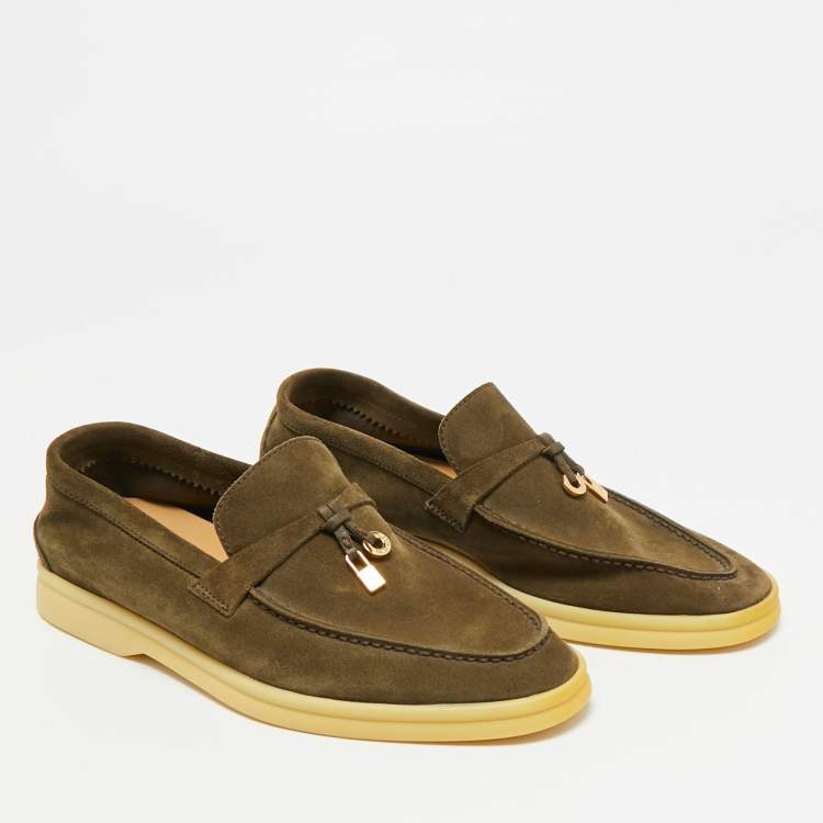 Pre Owned Loro Piana Summer Charms Walk Size 37 Dark Green Suede Loafers