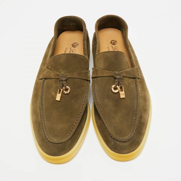 Pre Owned Loro Piana Summer Charms Walk Size 37 Dark Green Suede Loafers