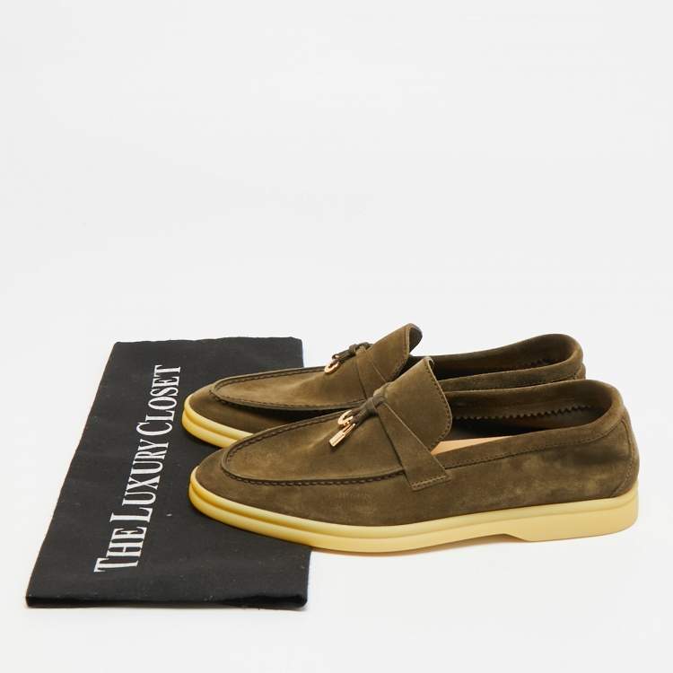 Pre Owned Loro Piana Summer Charms Walk Size 37 Dark Green Suede Loafers