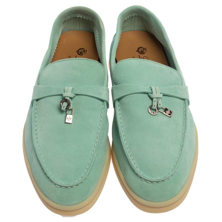 Pre Owned Loro Piana Turquoise Blue Suede Summer Charms Walk Moccasin Size 38.5