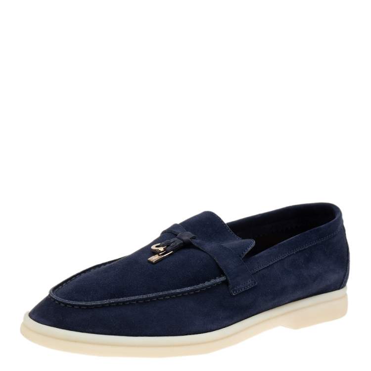 Pre Owned Loro Piana Navy Blue Suede Summer Charms Walk Slip On Loafers Size 38