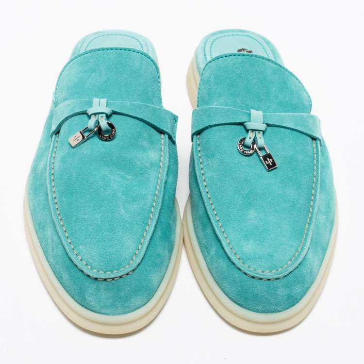 Pre Owned Loro Piana Torquise Blue Suede Babouche Charms Mules Size 39