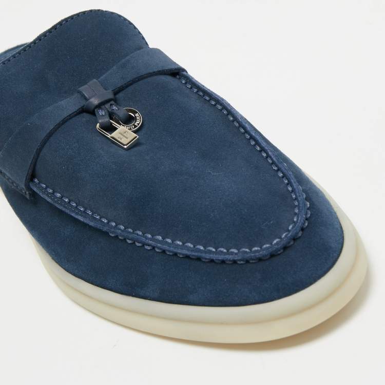 Pre Owned Loro Piana Blue Suede Summer Charms Walk Flat Mules Size 38.5
