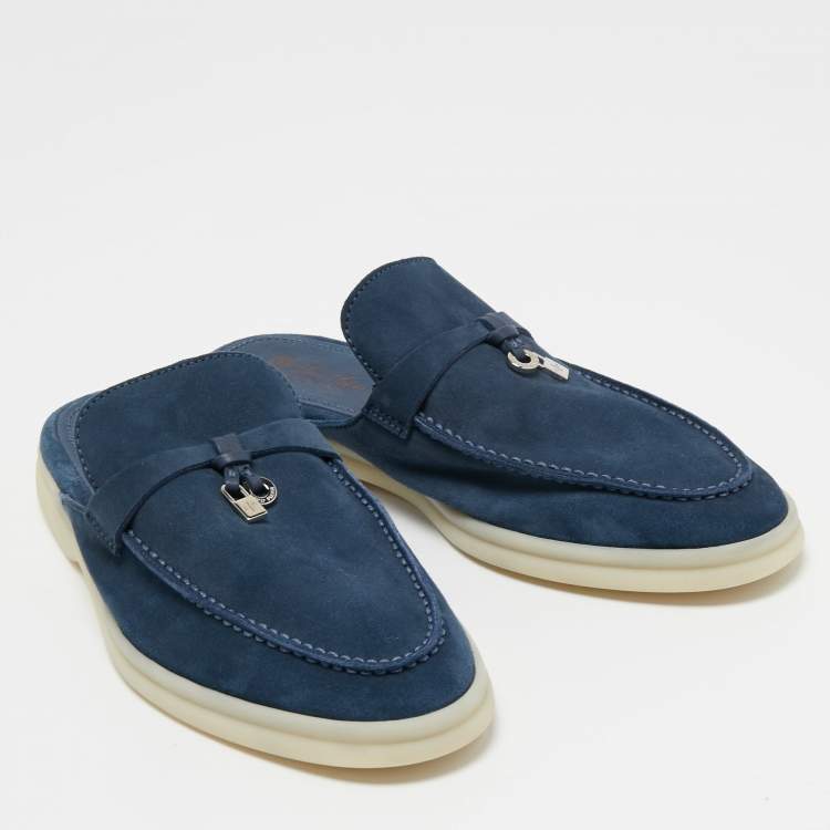Pre Owned Loro Piana Blue Suede Summer Charms Walk Flat Mules Size 38.5