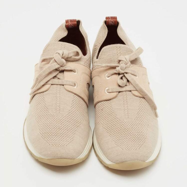 Pre Owned Loro Piana Beige Suede and Knit Fabric Flexy Wool Sneakers Size 36