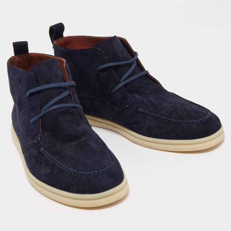 Pre Owned Loro Piana Navy Blue Suede Soft Walk Lace Up Ankle Boots Size 38