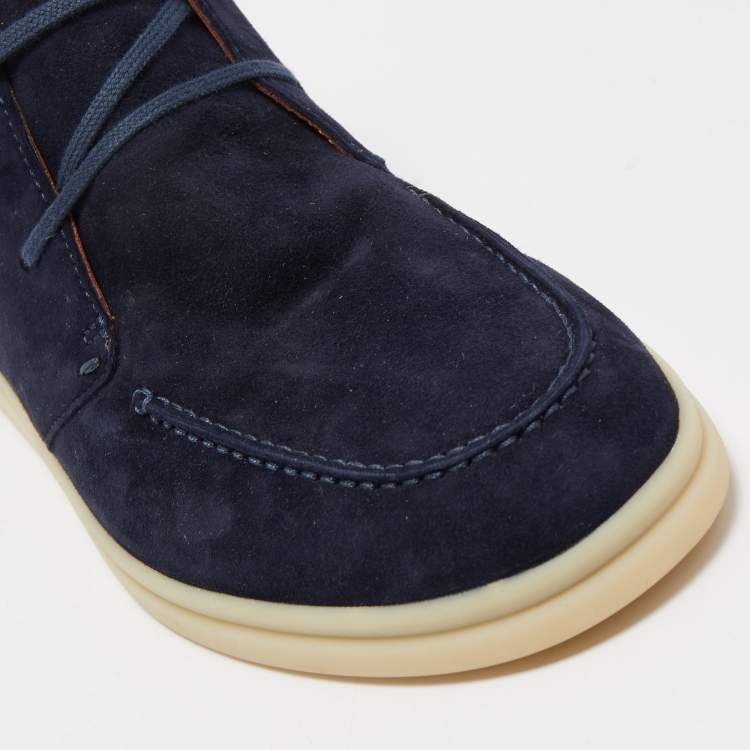 Pre Owned Loro Piana Navy Blue Suede Soft Walk Lace Up Ankle Boots Size 38