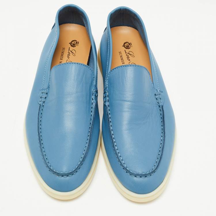 Pre Owned Loro Piana Blue Leather Summer Walk Loafers Size 38.5