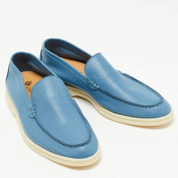 Pre Owned Loro Piana Blue Leather Summer Walk Loafers Size 38.5
