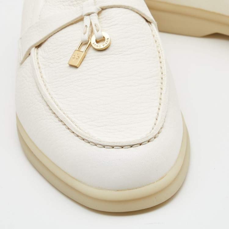 Pre Owned Loro Piana White Leather Summer Charms Walk Slip On Loafers Size 36.5