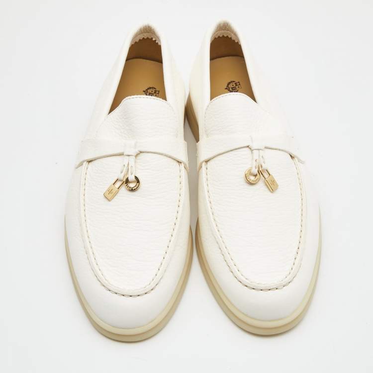 Pre Owned Loro Piana White Leather Summer Charms Walk Slip On Loafers Size 36.5