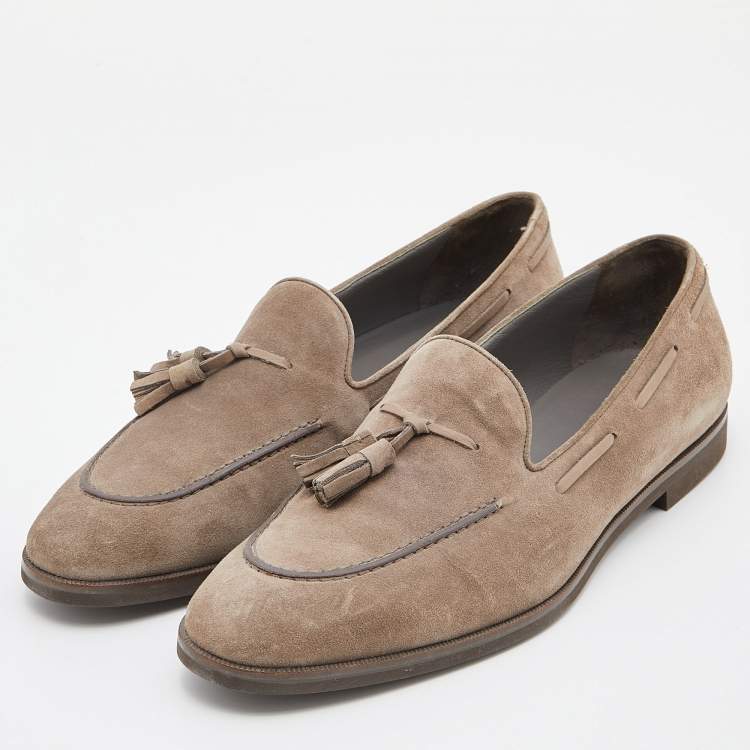 Pre Owned Loro Piana Grey Suede Tassel Slip On Loafers Size 39