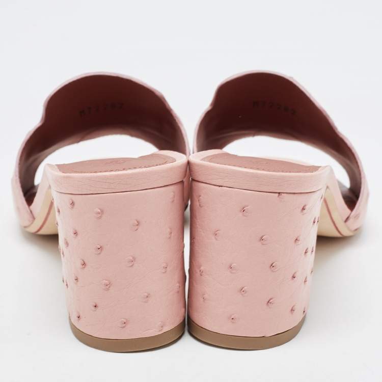 Pre Owned Loro Piana Pink Ostrich Leather Summer Charms Sandals Mules Size 38