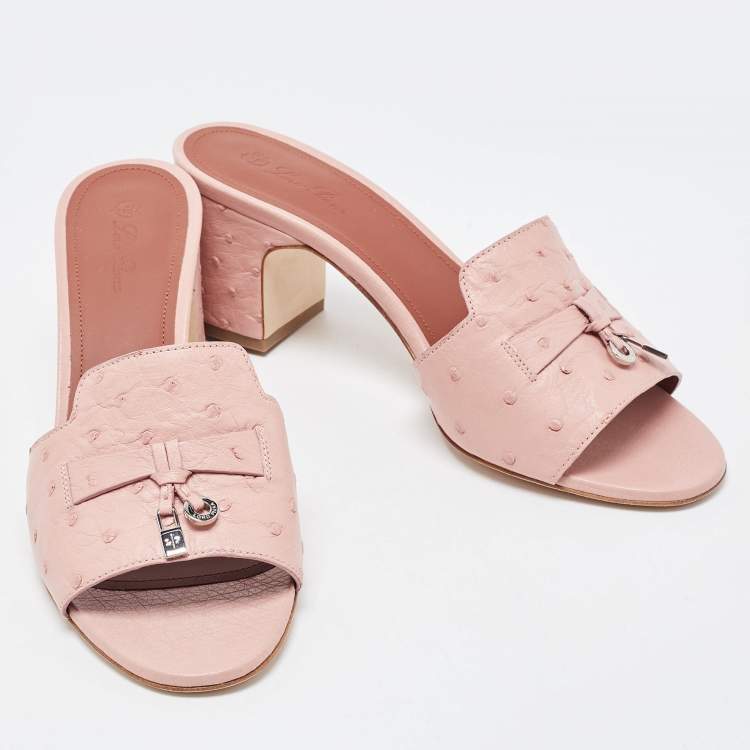 Pre Owned Loro Piana Pink Ostrich Leather Summer Charms Sandals Mules Size 38