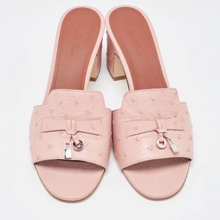Pre Owned Loro Piana Pink Ostrich Leather Summer Charms Sandals Mules Size 38