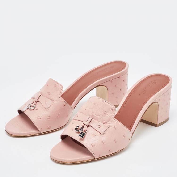 Pre Owned Loro Piana Pink Ostrich Leather Summer Charms Sandals Mules Size 38