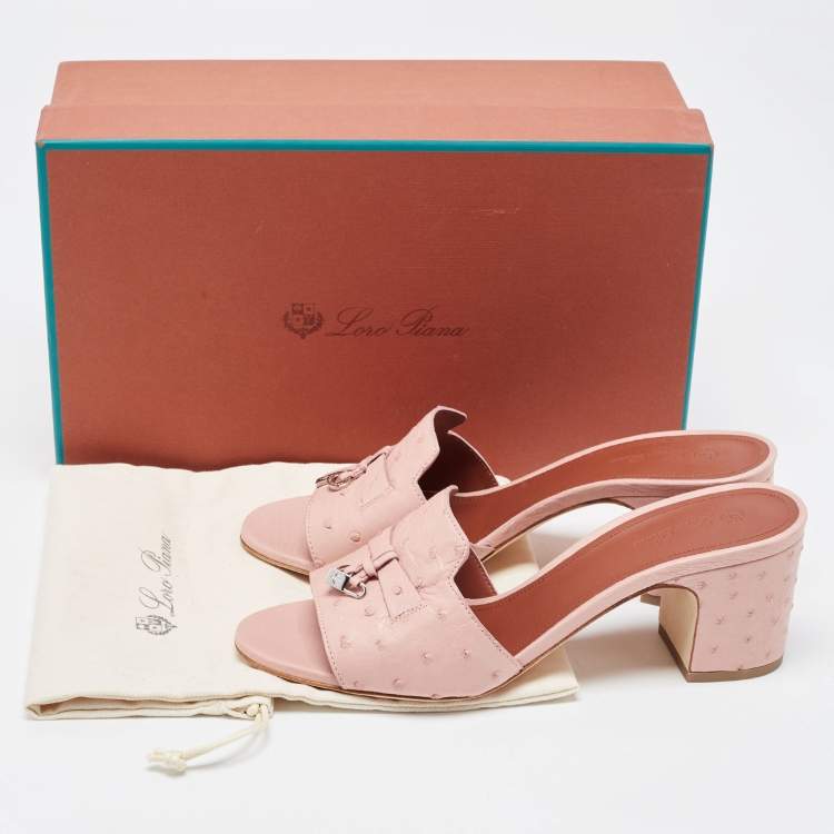 Pre Owned Loro Piana Pink Ostrich Leather Summer Charms Sandals Mules Size 38