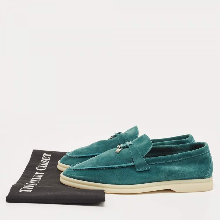 Pre Owned Loro Piana Teal Suede Summer Charms Walk Loafers Size 38