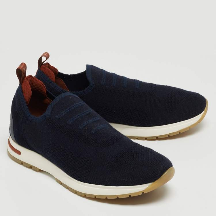 Pre Owned Loro Piana Navy Blue Knit Fabric 360 LP Flexi Walk Sneakers Size 38