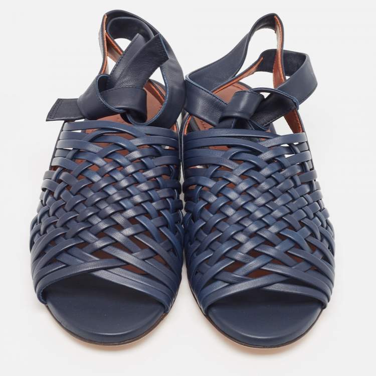 Pre Owned Loro Piana Blue Braided Leather Kristin Flat Sandals Size 36.5