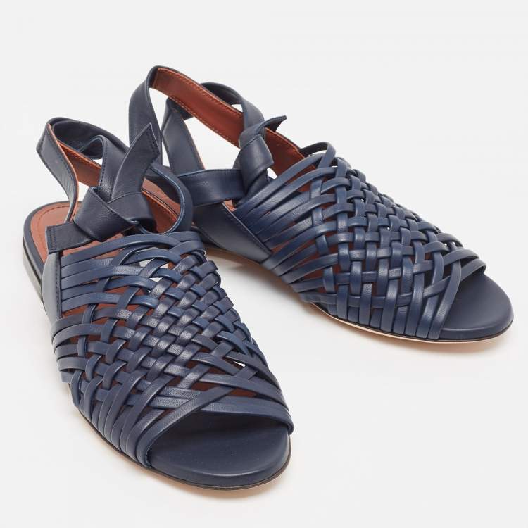Pre Owned Loro Piana Blue Braided Leather Kristin Flat Sandals Size 36.5