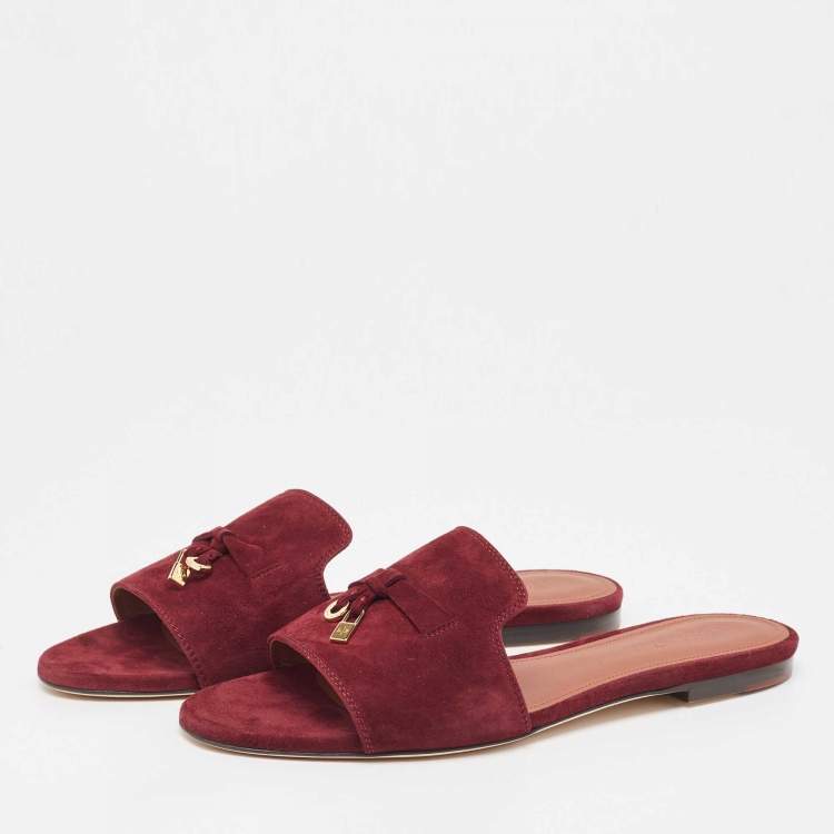 Pre Owned Loro Piana Burgundy Suede Summer Charms Flat Slides Size 41
