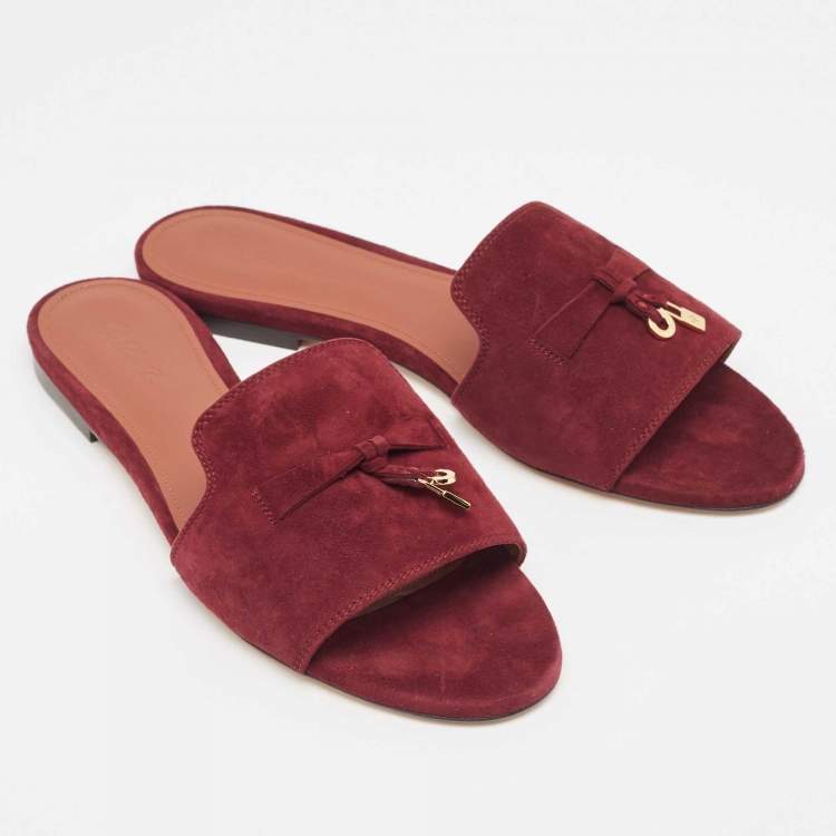 Pre Owned Loro Piana Burgundy Suede Summer Charms Flat Slides Size 41