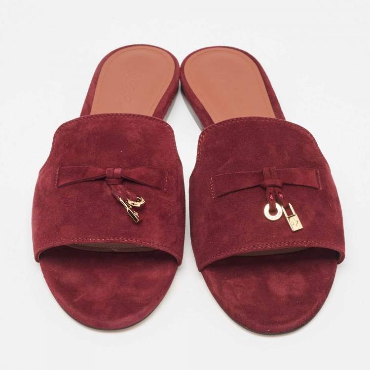 Pre Owned Loro Piana Burgundy Suede Summer Charms Flat Slides Size 41
