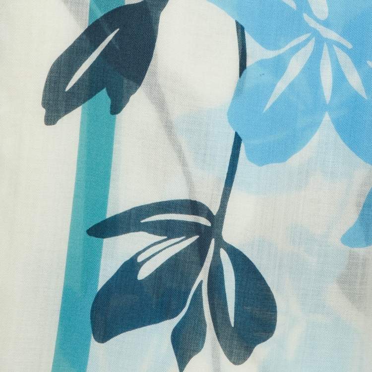 Pre Owned Loro Piana Ivory/Blue Floral Print Iris Wool Scarf
