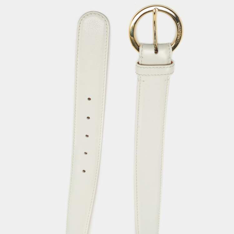 Pre Owned Loro Piana White Leather Ring Buckle Belt 100CM