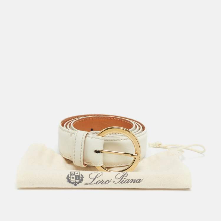 Pre Owned Loro Piana White Leather Ring Buckle Belt 100CM
