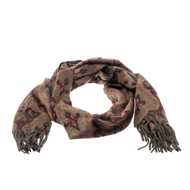 مملوكة مسبقًا Loro Piana Green Paisley Print Cashmere Fringed Muffler