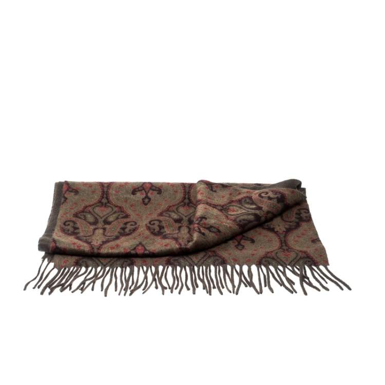 مملوكة مسبقًا Loro Piana Green Paisley Print Cashmere Fringed Muffler