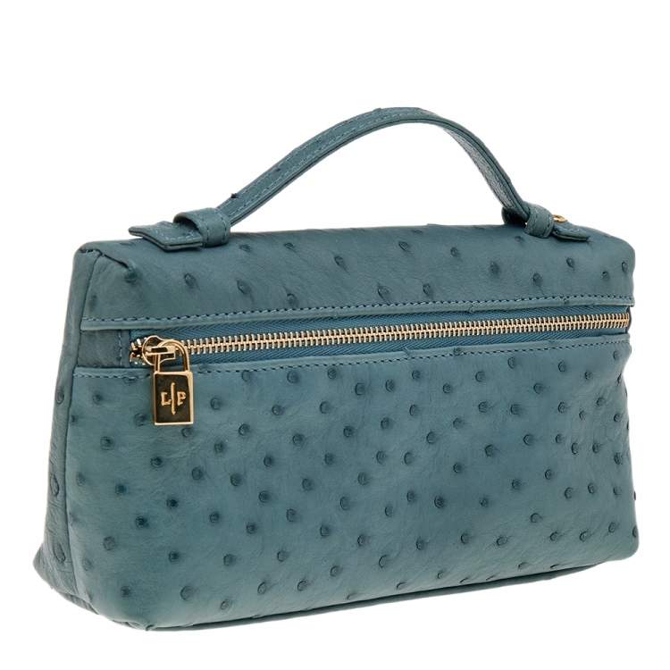 Pre Owned Loro Piana Blue Ostrich Zip Pouch