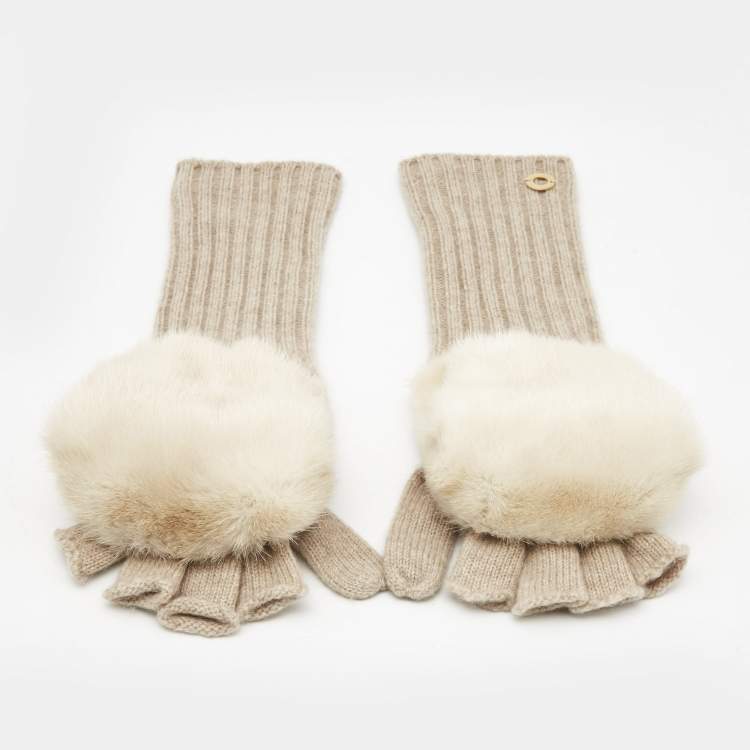 Pre Owned Loro Piana Beige Cashmere and Mink Gloves S