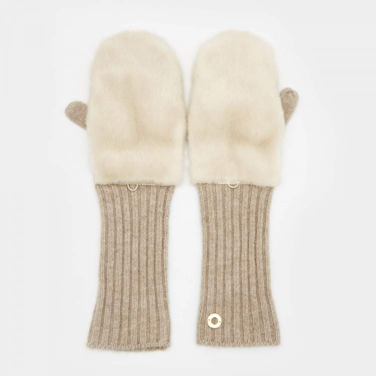 Pre Owned Loro Piana Beige Cashmere and Mink Gloves S